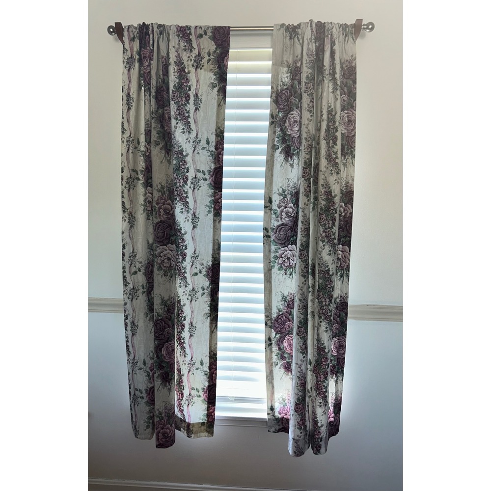 JCPenney Floral Pole Pocket Draperies Purple Rose Lined Curtains Set of 2 Panels
